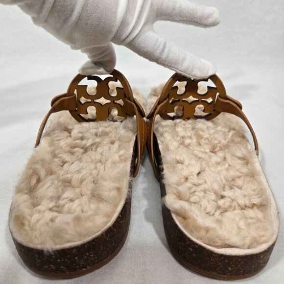 TORY BURCH Caramel MILLER CLOUD Shearling Leather Thong Slip-On Sandal Size 9.5M - Picture 6 of 17